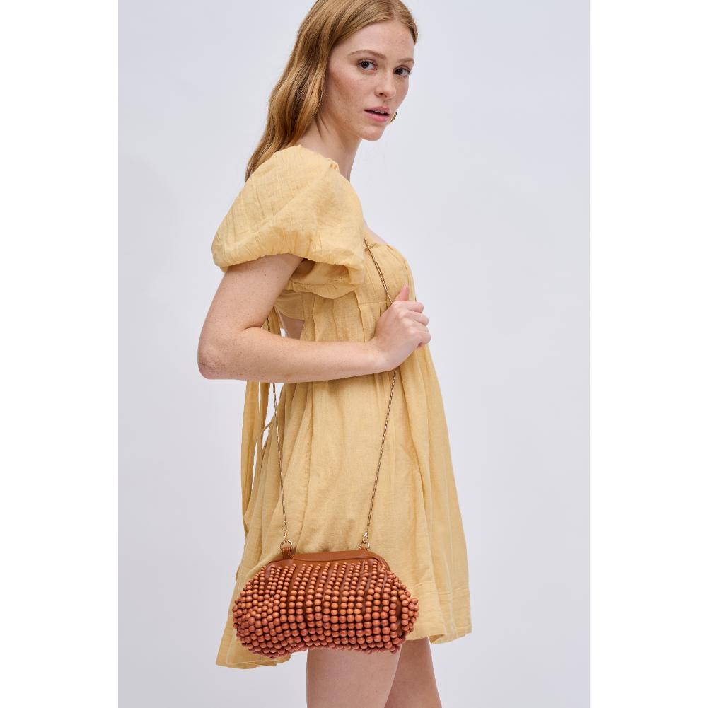 Woman wearing Tan Urban Expressions Lydia Clutch 840611191533 View 3 | Tan