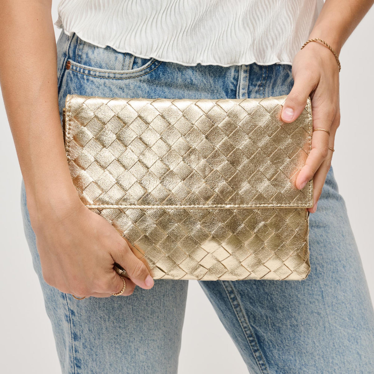 Woman wearing Gold Urban Expressions Ivy Clutch 840611133359 View 4 | Gold