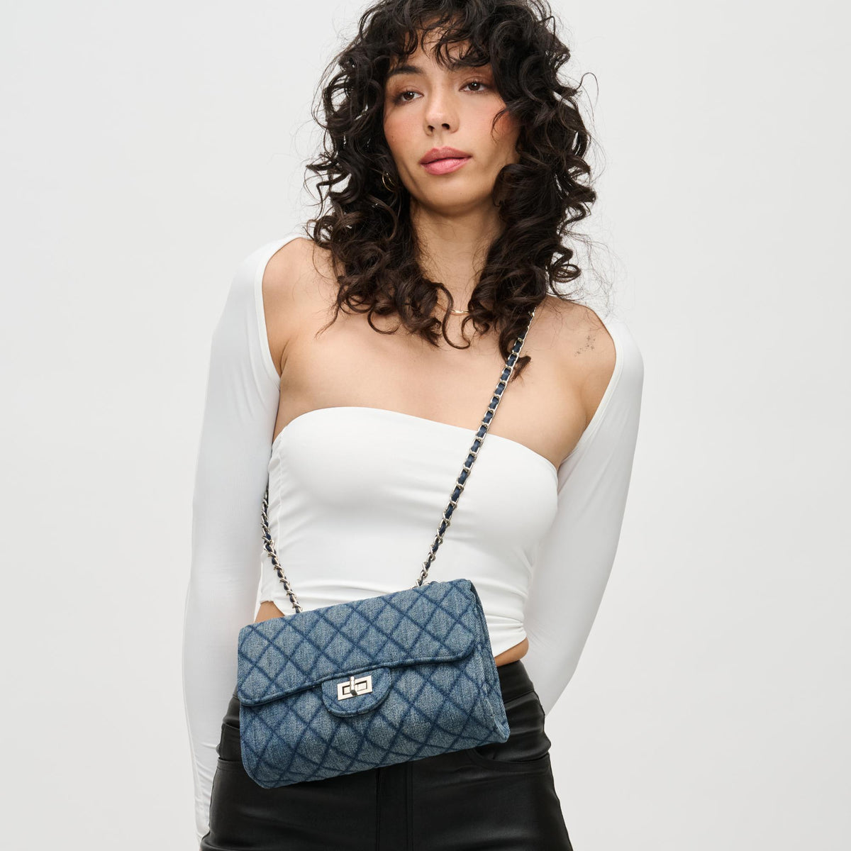 Woman wearing Denim Urban Expressions Tinky Crossbody 840611122827 View 2 | Denim