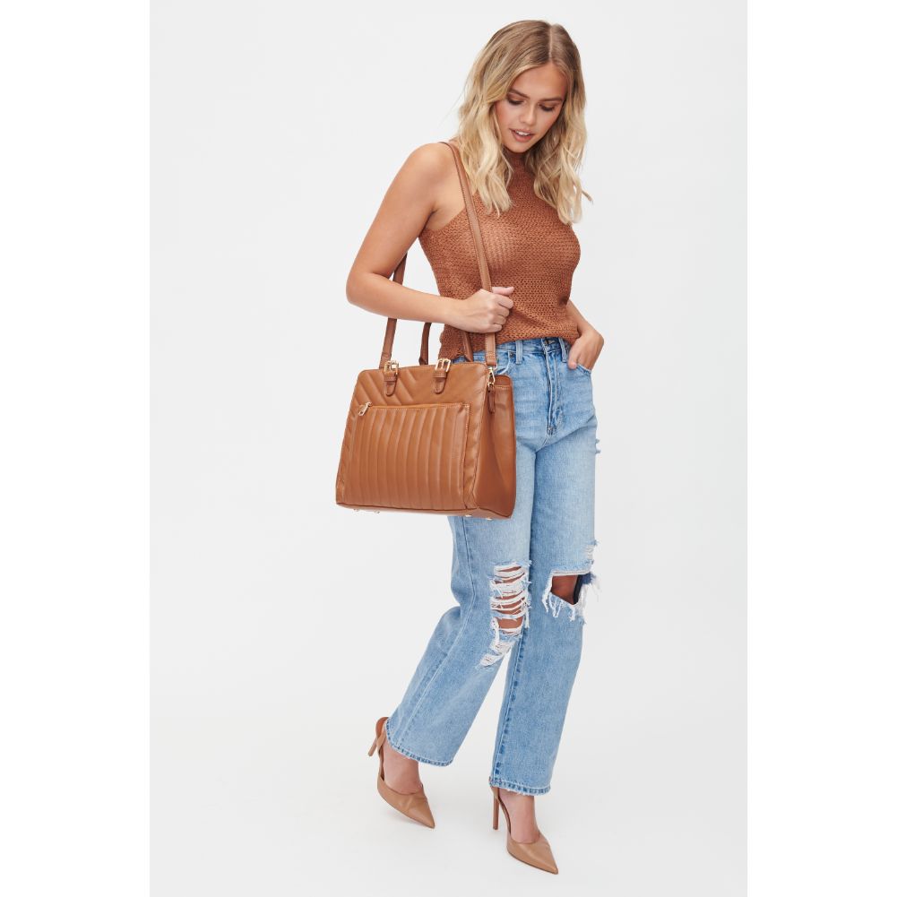 Woman wearing Tan Urban Expressions Keegan Satchel 840611101334 View 2 | Tan