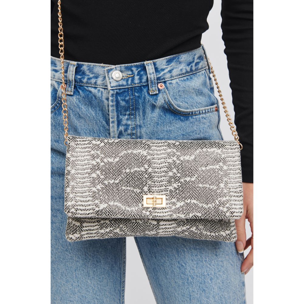 Woman wearing White Black Urban Expressions Rykard - Snake Clutch 818209016193 View 1 | White Black