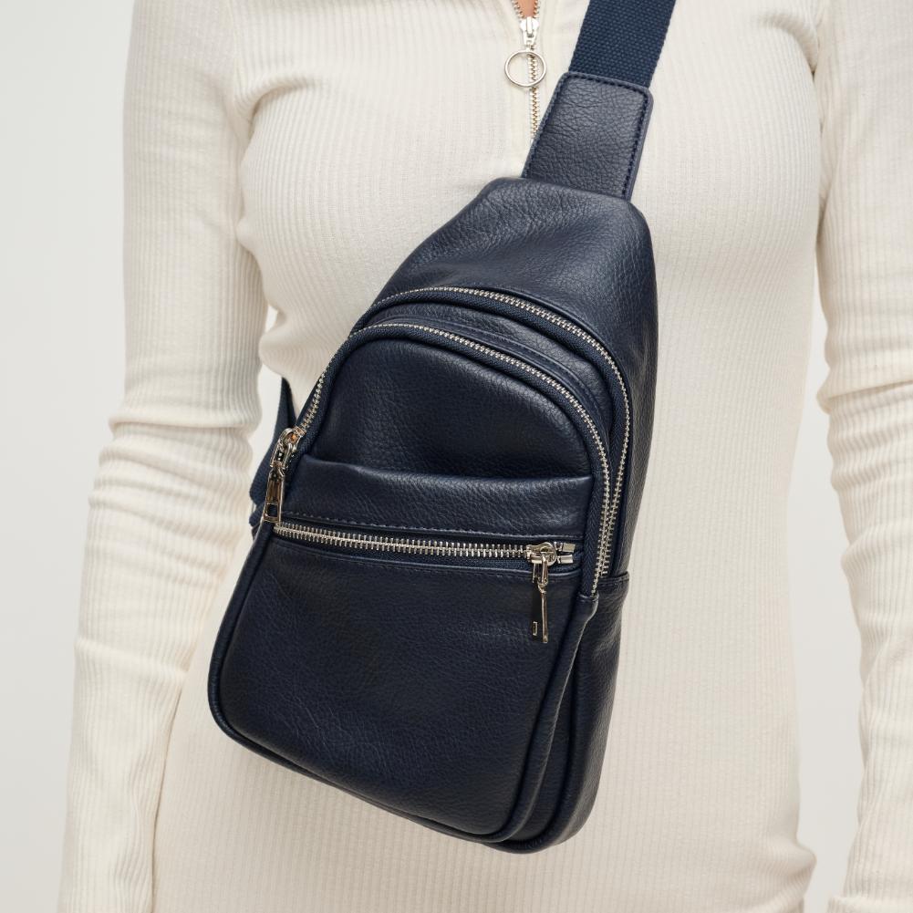 Woman wearing Midnight Urban Expressions Zephyr Sling Backpack 840611193292 View 2 | Midnight