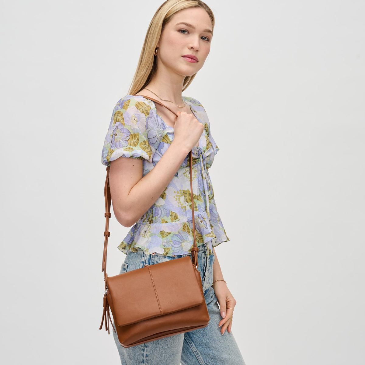 Woman wearing Cognac Urban Expressions Avonlea Crossbody 840611130235 View 1 | Cognac