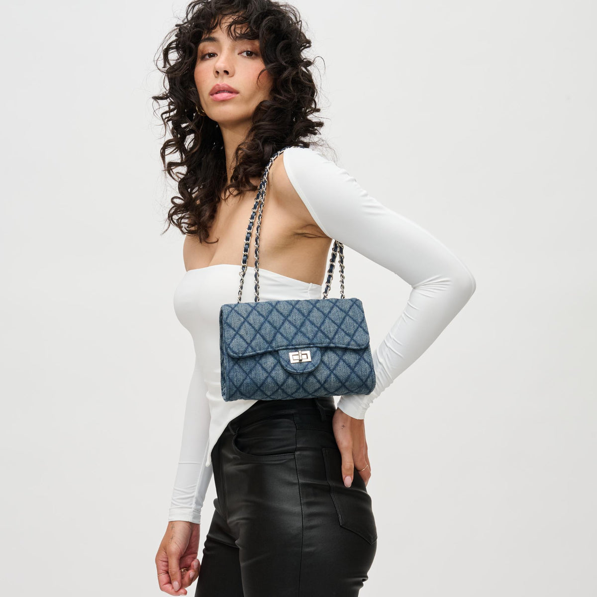 Woman wearing Denim Urban Expressions Tinky Crossbody 840611122827 View 1 | Denim