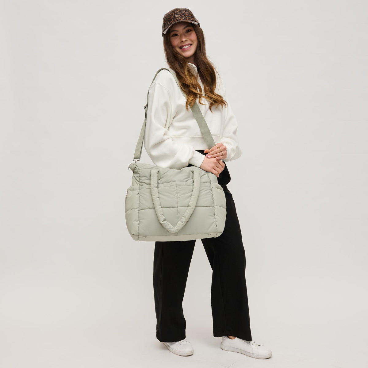 Woman wearing Sage Grey Urban Expressions Jetsetter Tote 840611195098 View 3 | Sage Grey