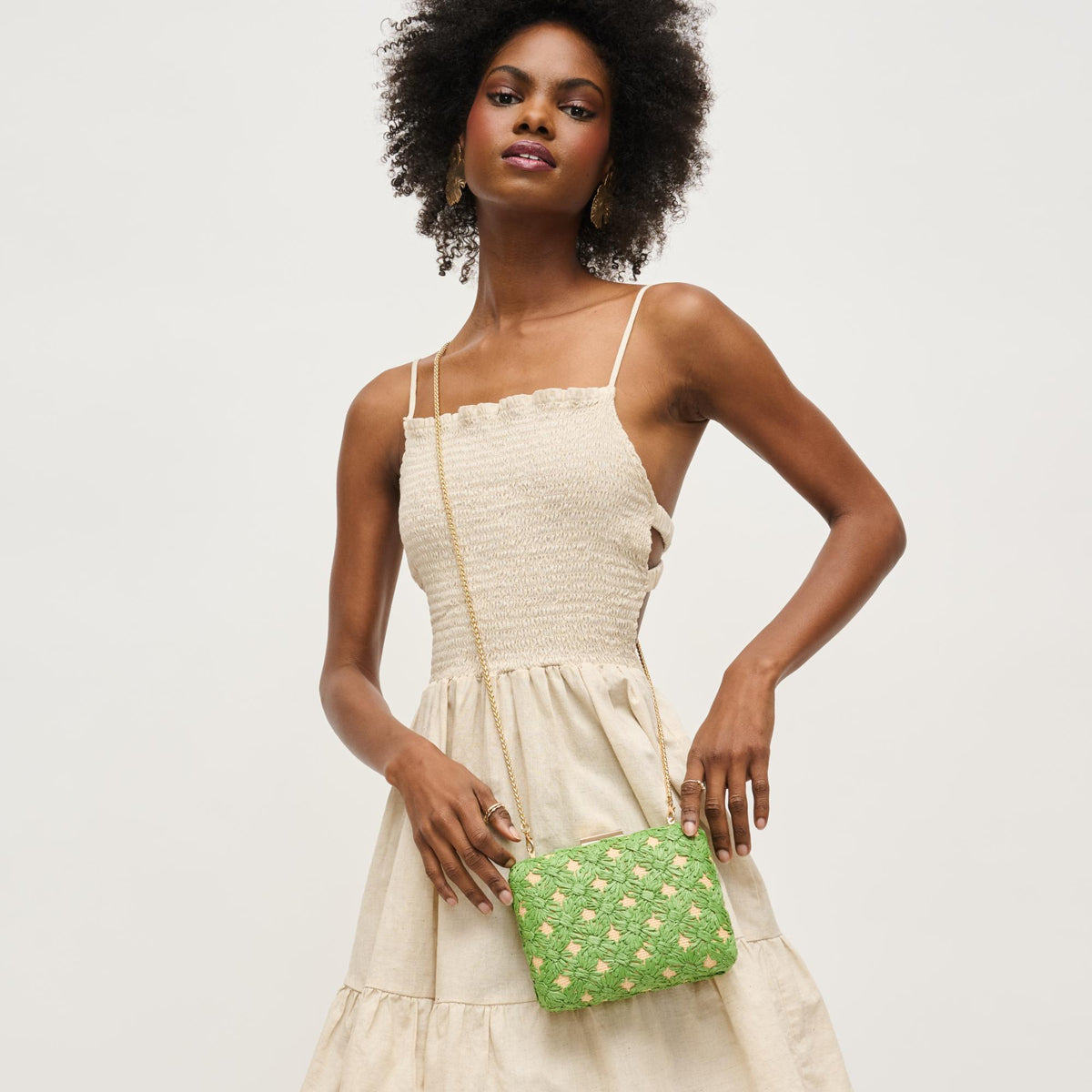 Woman wearing Green Natural Urban Expressions Samantha Evening Bag 840611149350 View 3 | Green Natural