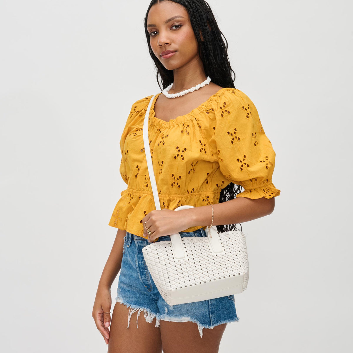 Woman wearing Ivory Urban Expressions Paisley Tote 840611126313 View 3 | Ivory