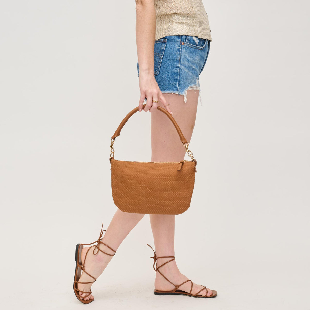 Woman wearing Tan Urban Expressions Jordan Crossbody 840611160409 View 4 | Tan