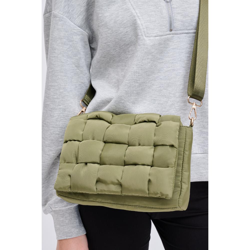 Woman wearing Olive Urban Expressions Rhodes Crossbody 840611131799 View 4 | Olive