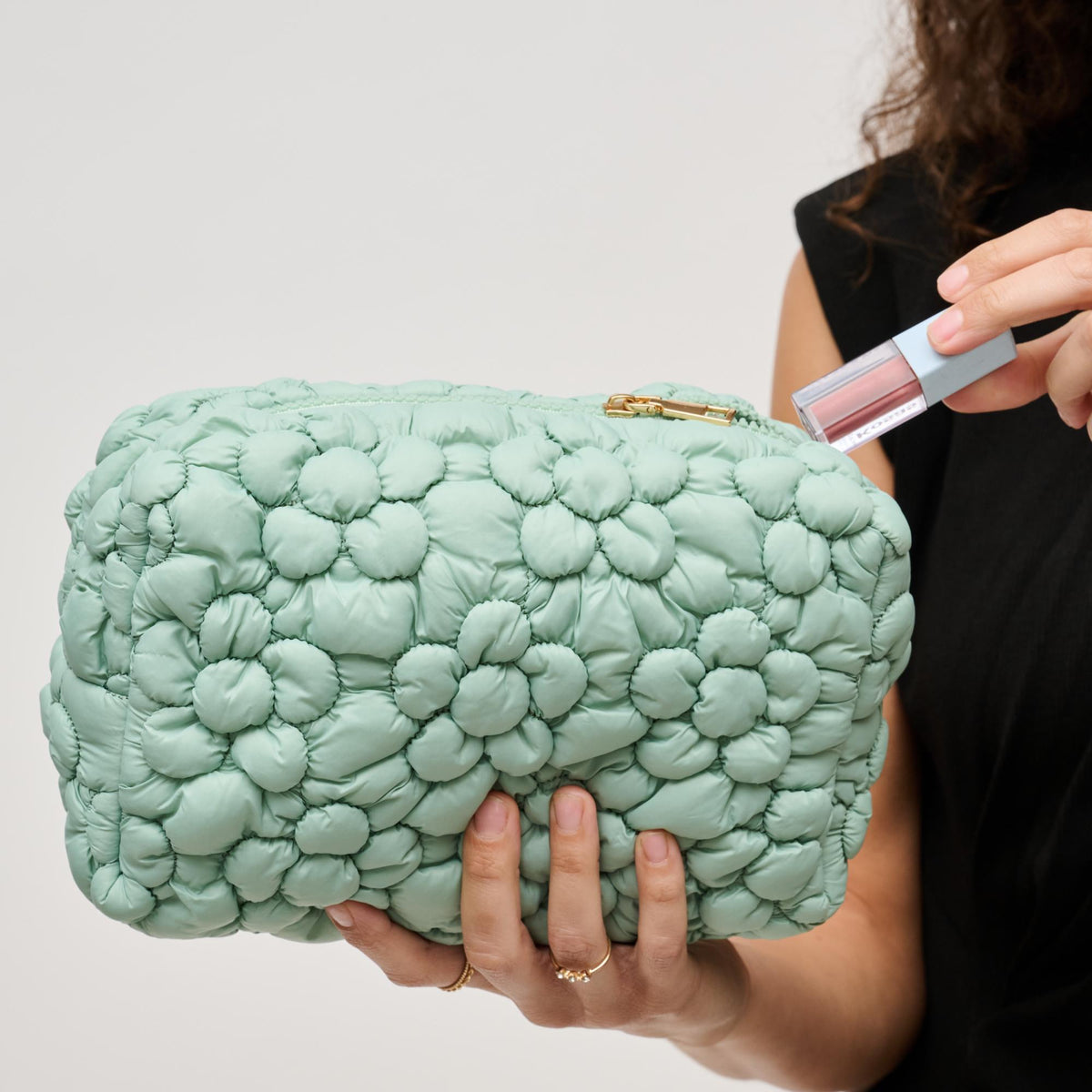 Woman wearing Sage Urban Expressions Flora Pop - Nylon Cosmetic Pouch 840611144249 View 1 | Sage