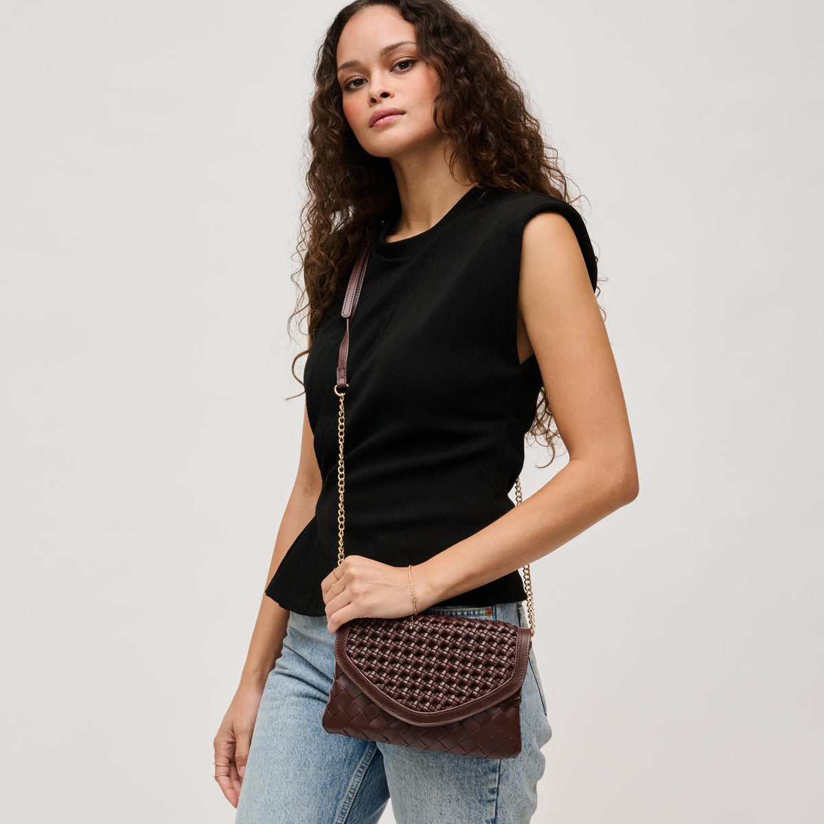 Woman wearing Espresso Urban Expressions Emma Crossbody 840611126368 View 2 | Espresso