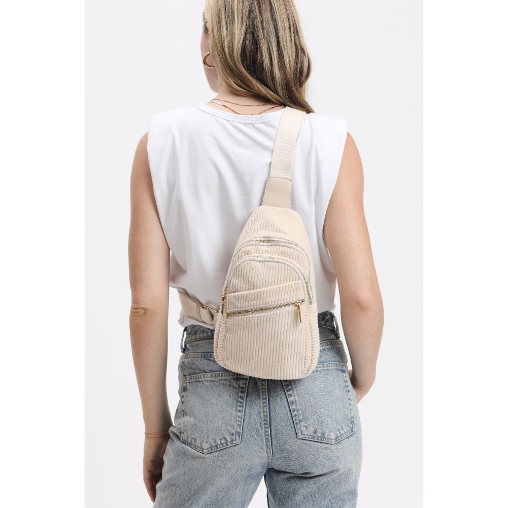 Woman wearing Cream Urban Expressions Zephyr - Corduroy Sling Backpack 840611116543 View 2 | Cream