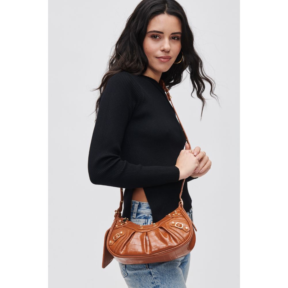 Woman wearing Tan Urban Expressions Bellatrix Crossbody 840611188489 View 2 | Tan