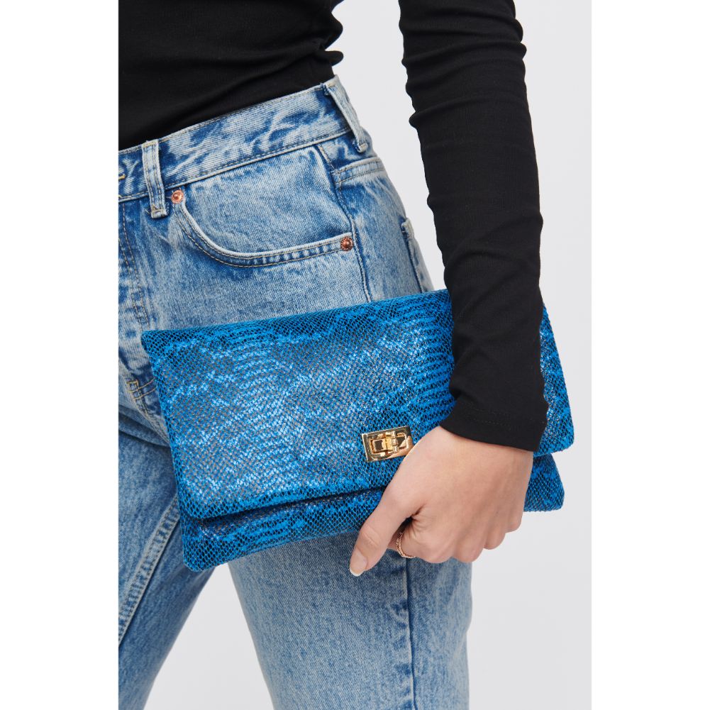 Woman wearing Blue Urban Expressions Rykard - Snake Clutch 818209016209 View 1 | Blue