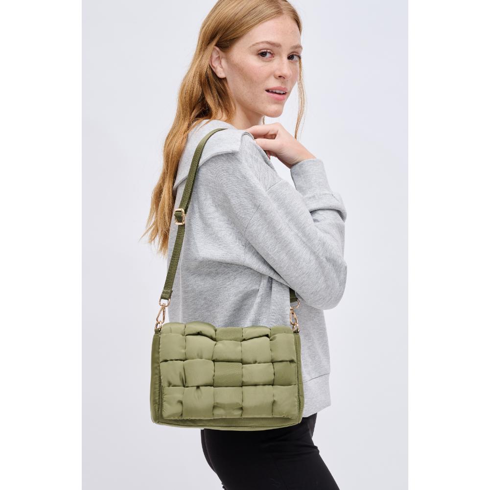 Woman wearing Olive Urban Expressions Rhodes Crossbody 840611131799 View 1 | Olive