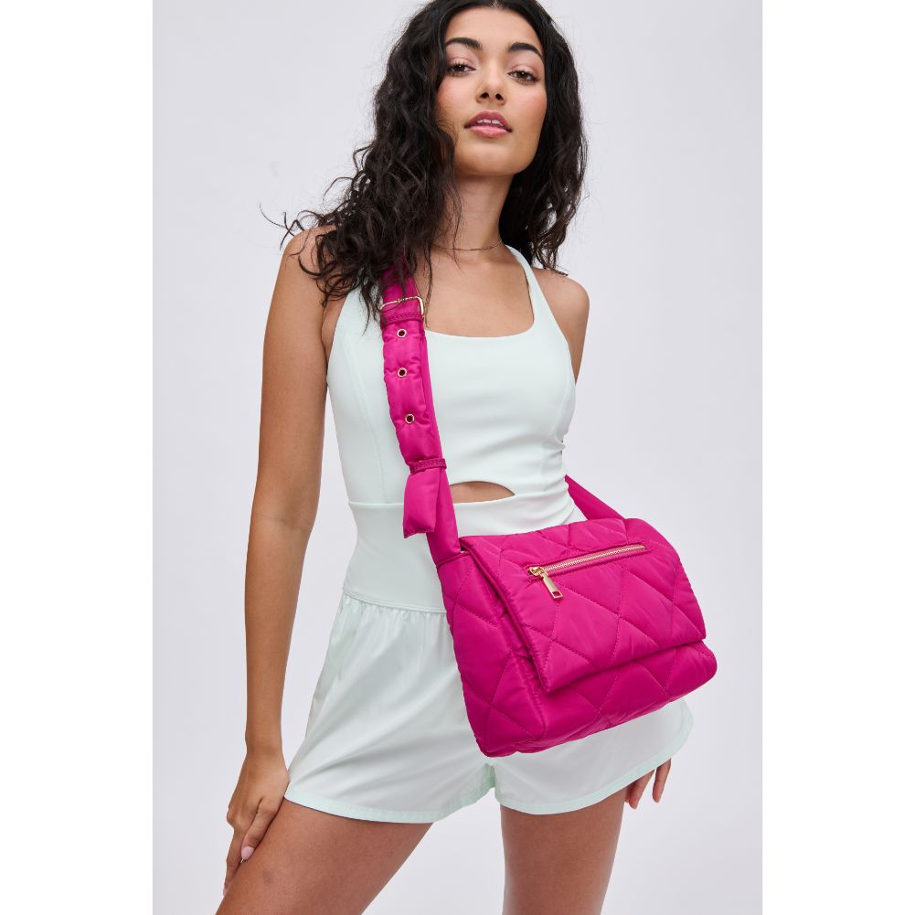 Woman wearing Magenta Urban Expressions Carson - Quilted Nylon Crossbody 840611114518 View 2 | Magenta