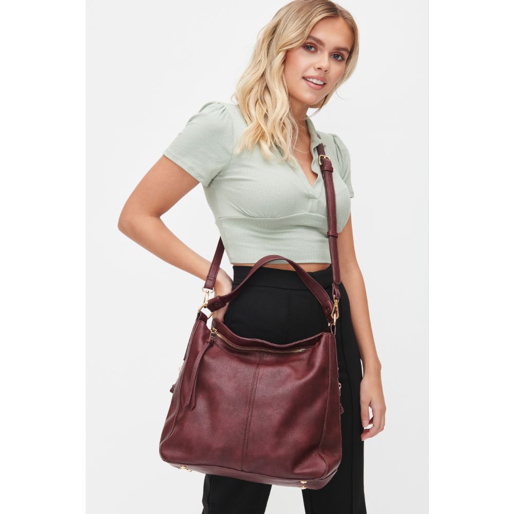 Woman wearing Merlot Urban Expressions Wanda Hobo 818209011877 View 2 | Merlot