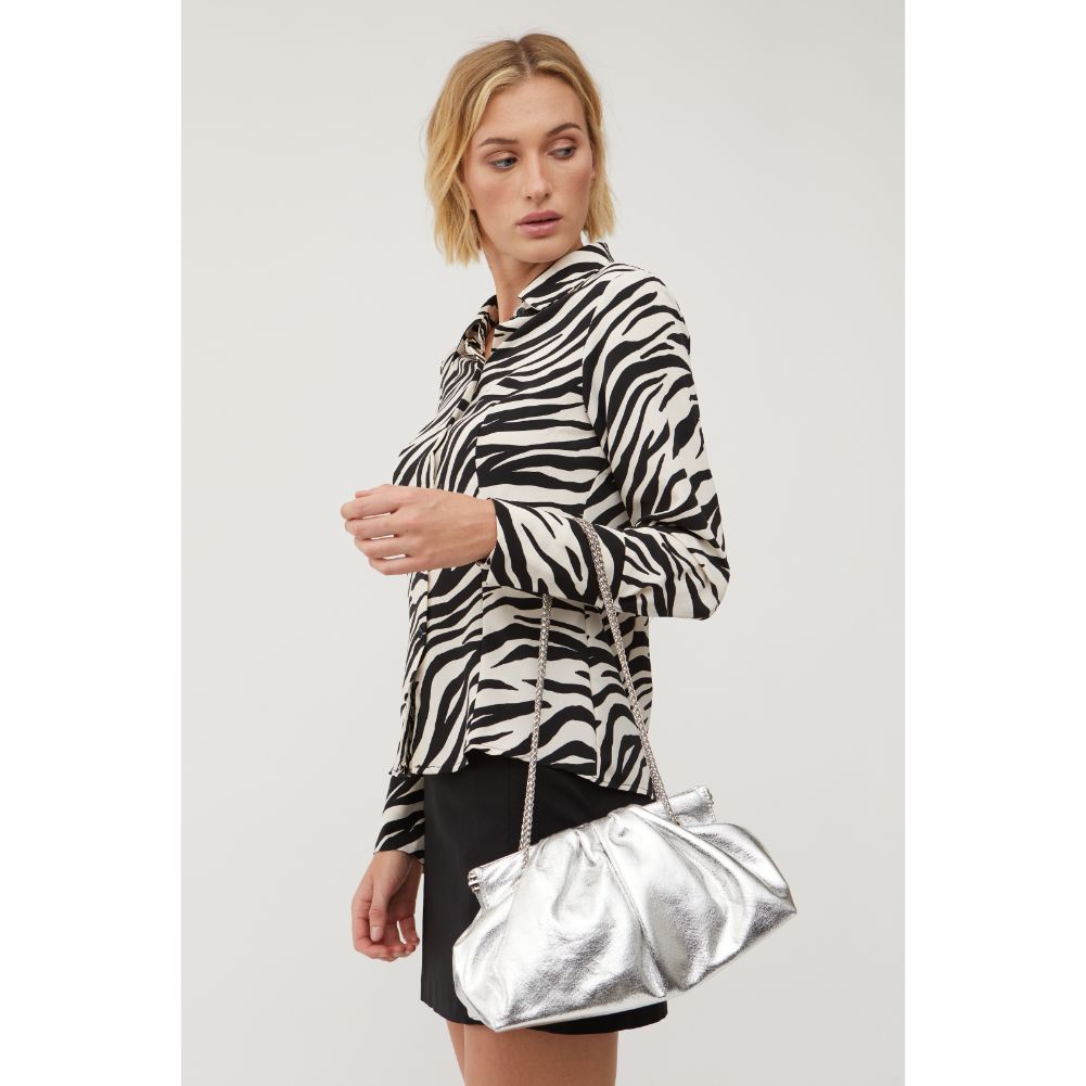 Woman wearing Shiny Silver Urban Expressions Kacey Clutch 840611128003 View 1 | Shiny Silver