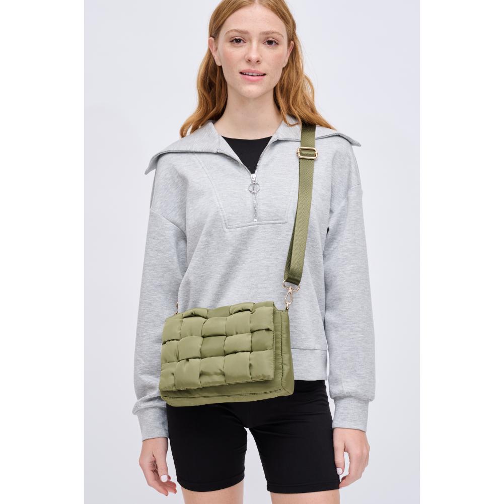 Woman wearing Olive Urban Expressions Rhodes Crossbody 840611131799 View 2 | Olive