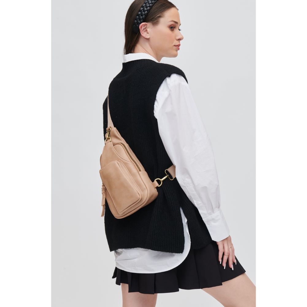 Woman wearing Natural Urban Expressions Wendall Sling Backpack 840611107213 View 2 | Natural