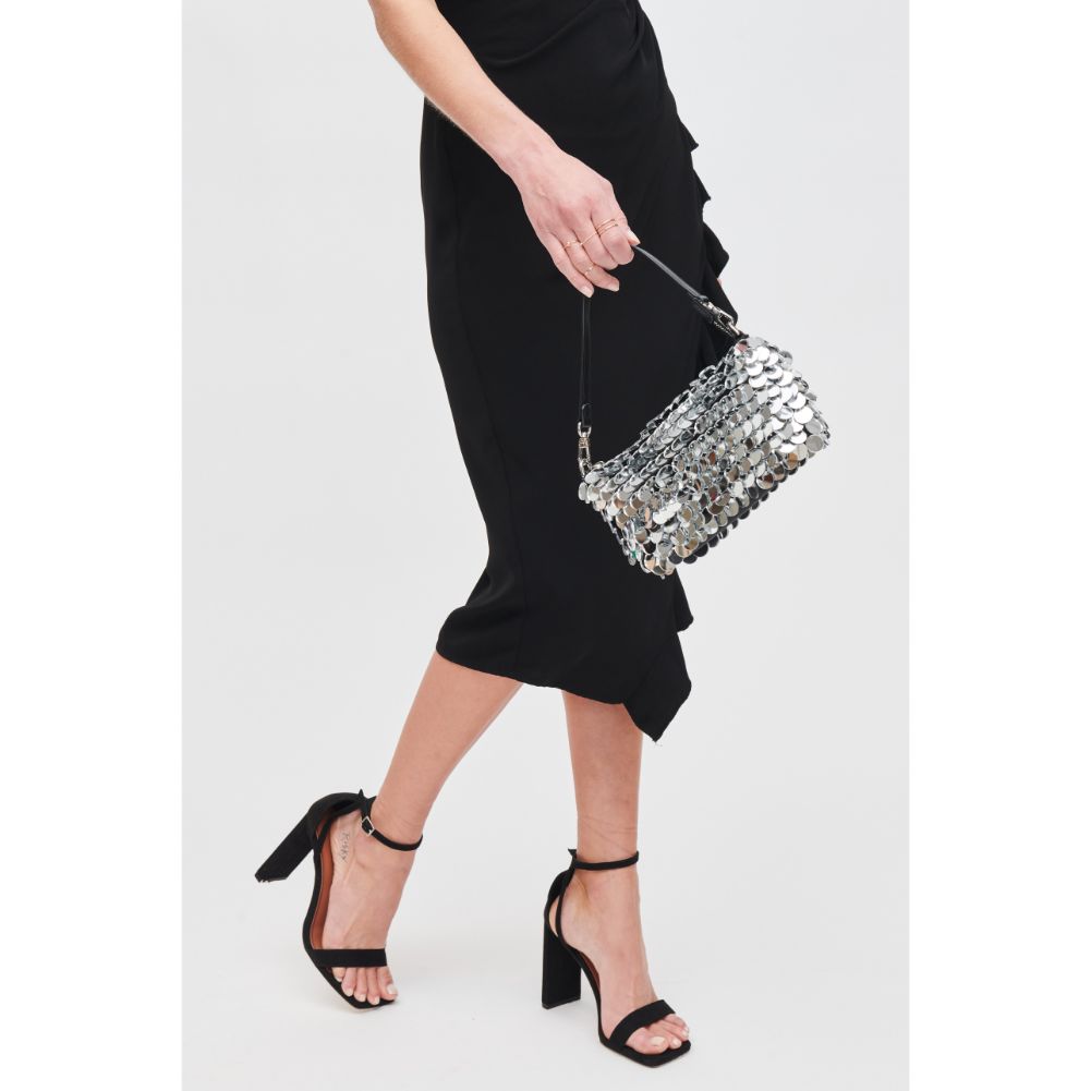 Woman wearing Silver Urban Expressions Twiggy Evening Bag 840611110114 View 3 | Silver