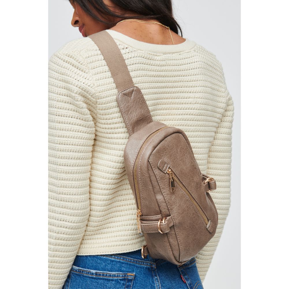 Woman wearing Taupe Urban Expressions Micah Sling Backpack 840611108791 View 2 | Taupe