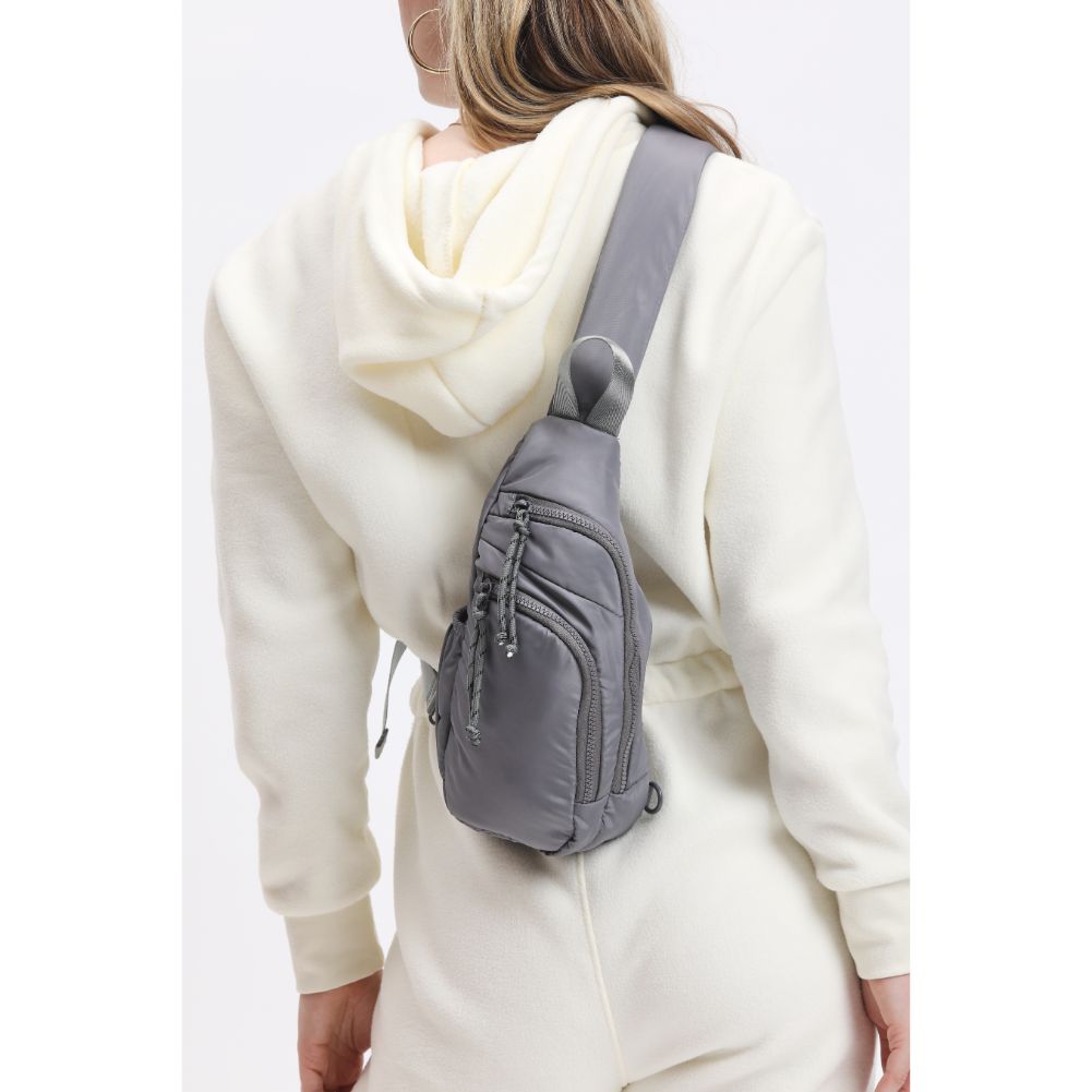 Woman wearing Grey Urban Expressions Parc Sling Backpack 840611114433 View 2 | Grey