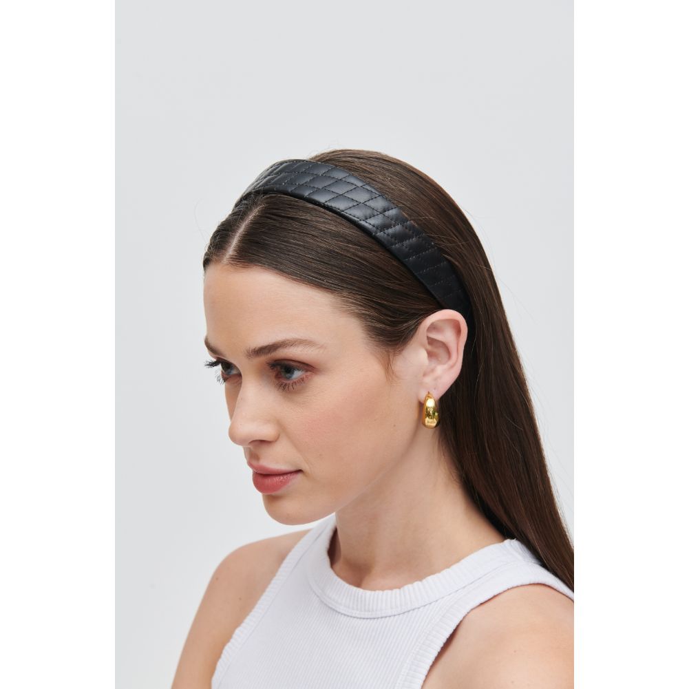 Woman wearing Black Urban Expressions Quilted Vegan Leather Headband Headband 818209014182 View 2 | Black