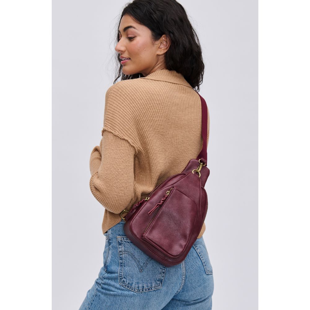 Woman wearing Wine Urban Expressions Wendall Sling Backpack 840611116611 View 2 | Wine