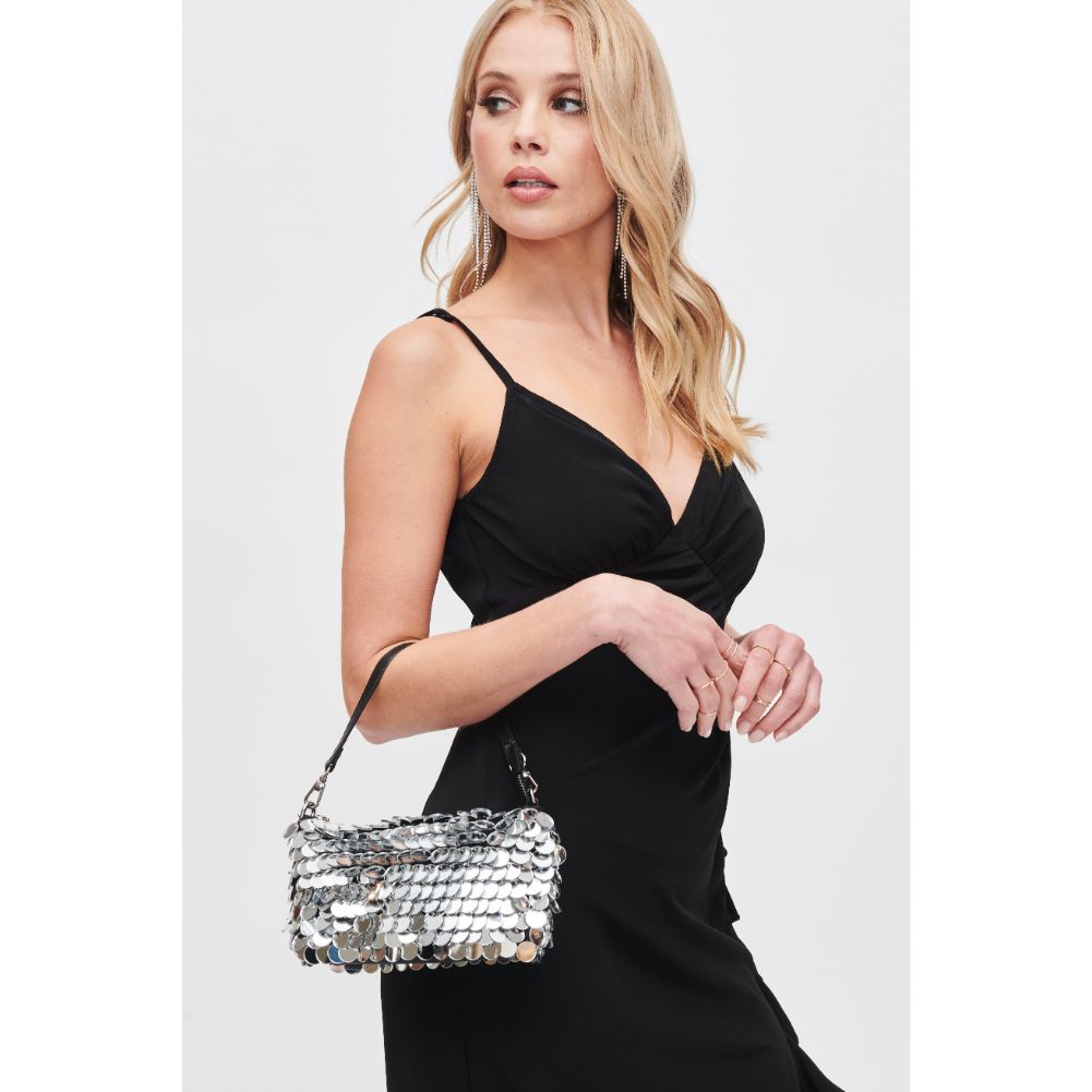 Woman wearing Silver Urban Expressions Twiggy Evening Bag 840611110114 View 2 | Silver