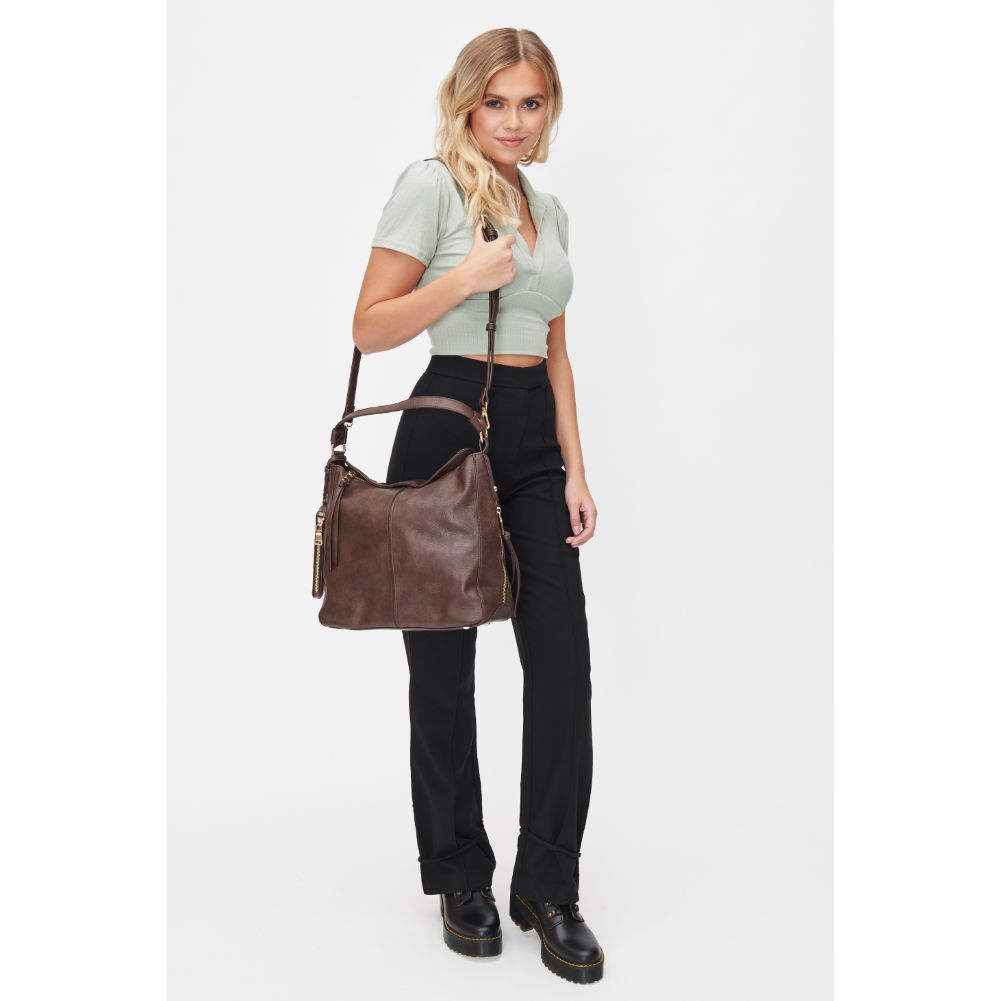 Woman wearing Chocolate Urban Expressions Wanda Hobo 818209011853 View 3 | Chocolate