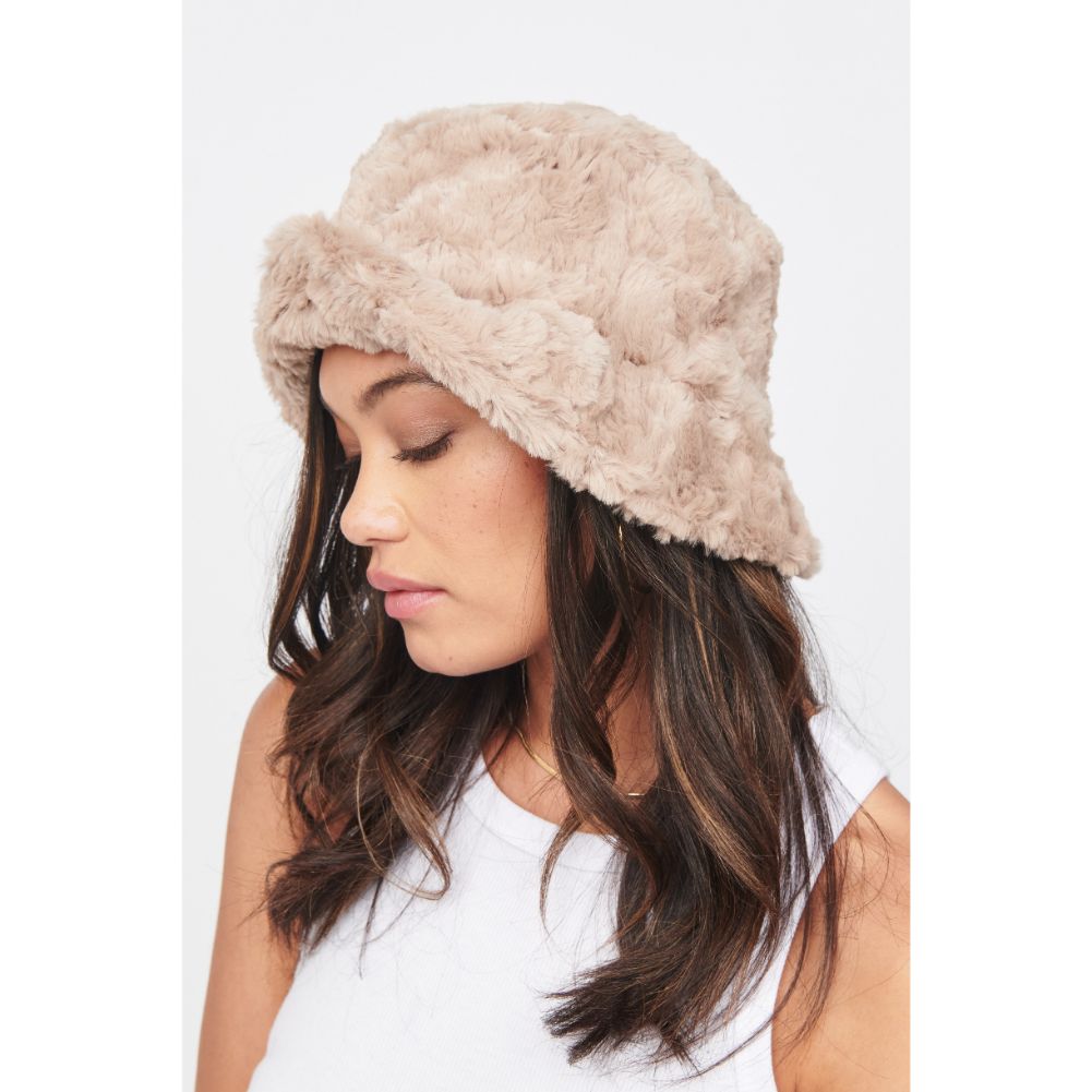 Woman wearing Latte Urban Expressions Faux Fur Bucket Hat Bucket Hat 818209014625 View 2 | Latte