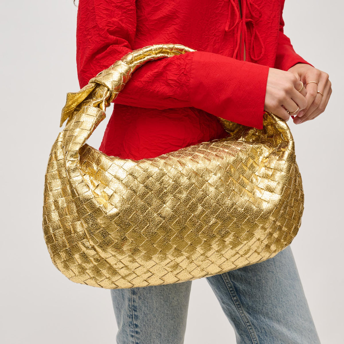 Woman wearing Gold Urban Expressions Dollie Hobo 840611128423 View 4 | Gold