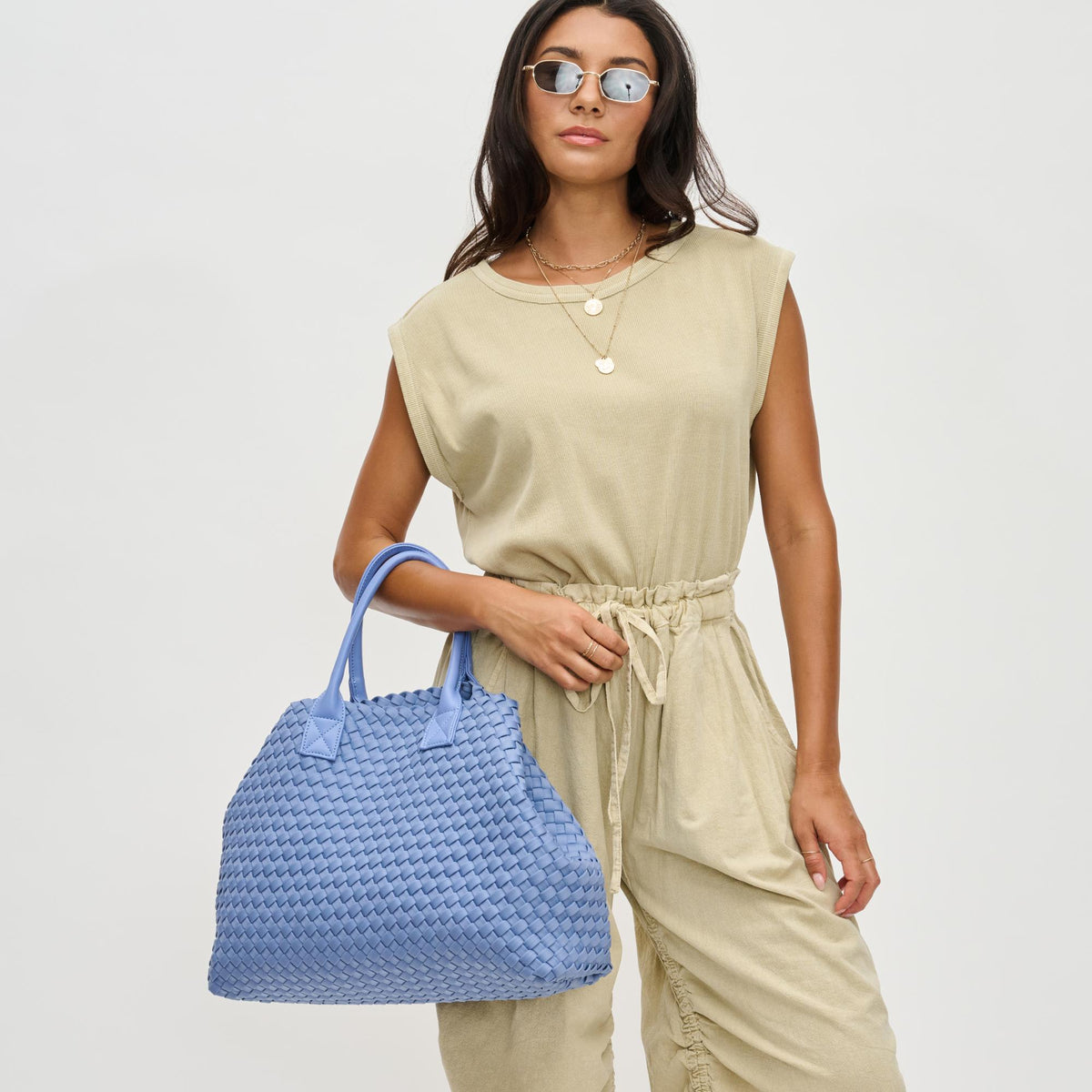 Woman wearing Periwinkle Urban Expressions Ithaca - Woven Neoprene Tote 840611128751 View 2 | Periwinkle