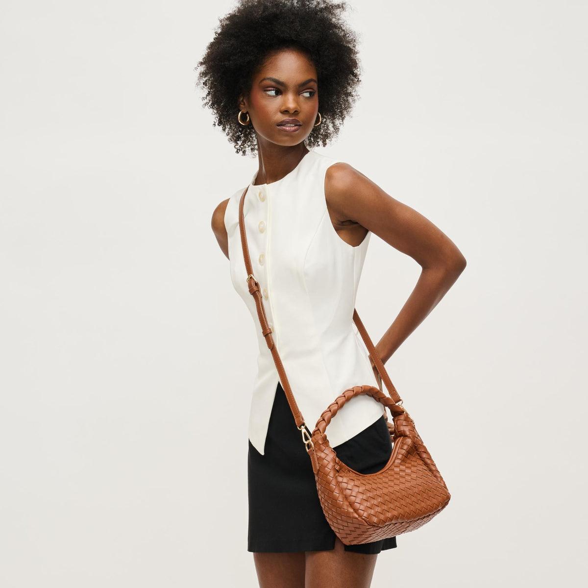 Woman wearing Light Chocolate Urban Expressions Laken Crossbody 840611144591 View 3 | Light Chocolate