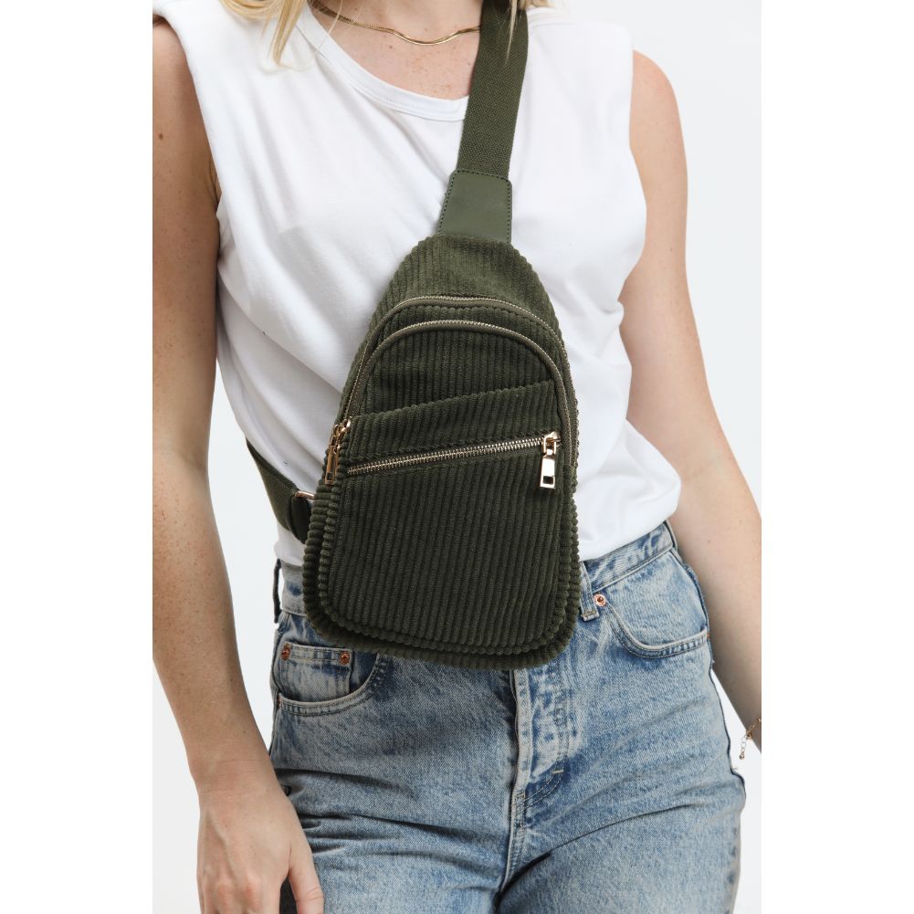 Woman wearing Olive Urban Expressions Zephyr - Corduroy Sling Backpack 840611116529 View 4 | Olive