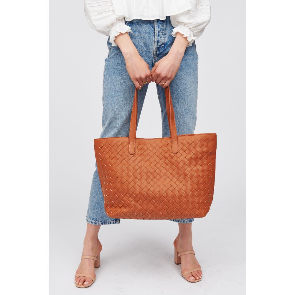 Woman wearing Tan Urban Expressions Valencia - Woven Tote 840611101624 View 2 | Tan