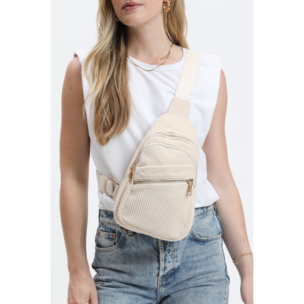 Woman wearing Cream Urban Expressions Zephyr - Corduroy Sling Backpack 840611116543 View 1 | Cream