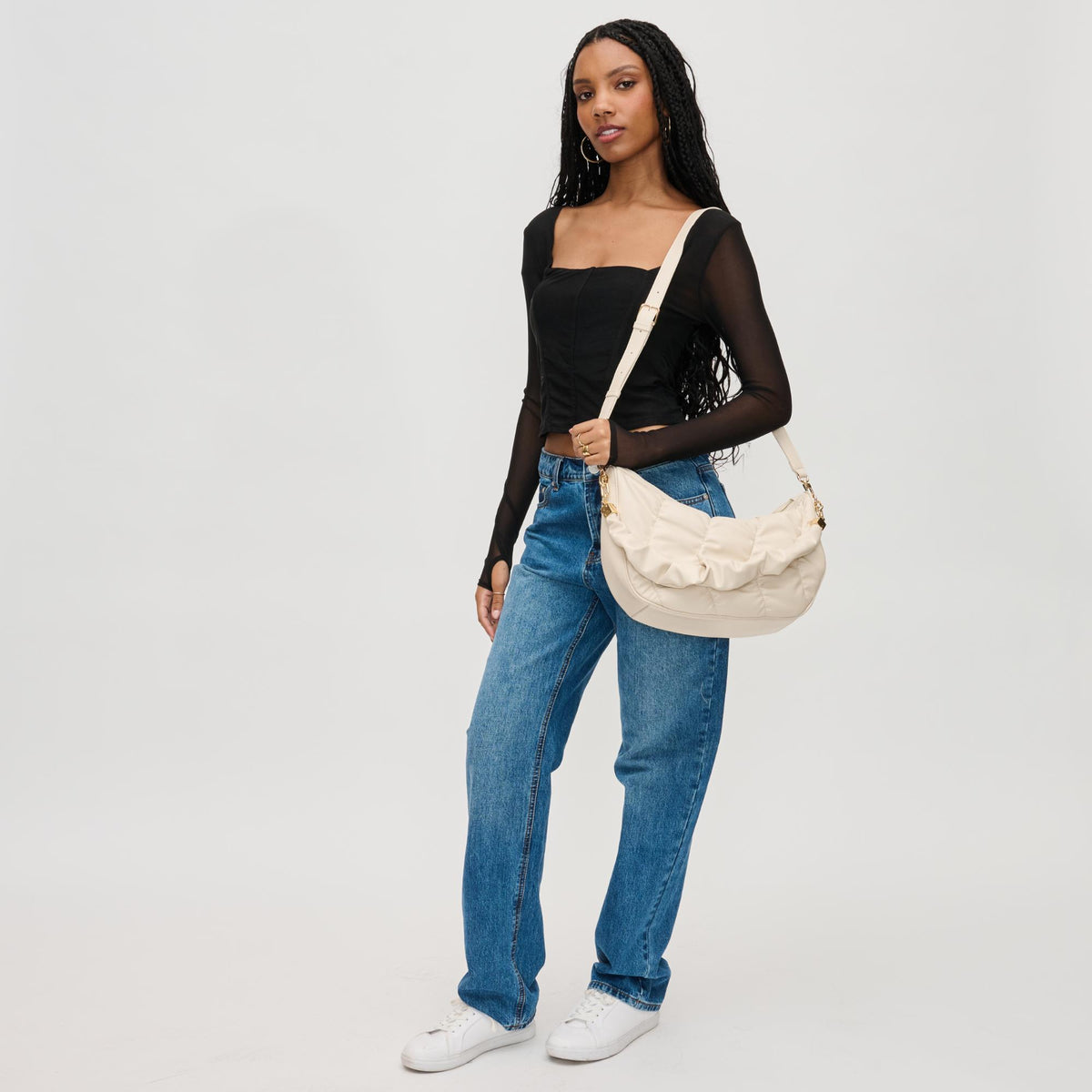 Woman wearing Oatmilk Urban Expressions Whitney Crossbody 840611130587 View 4 | Oatmilk