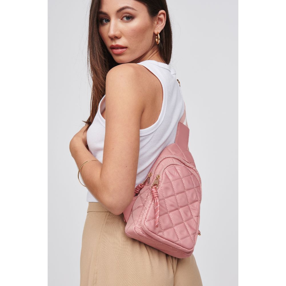 Woman wearing Pastel Pink Urban Expressions Ace - Quilted Nylon Sling Backpack 840611101709 View 4 | Pastel Pink