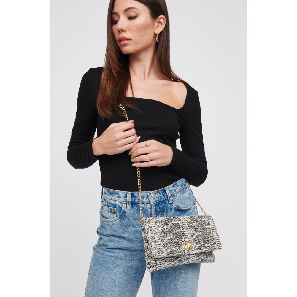 Woman wearing White Black Urban Expressions Rykard - Snake Clutch 818209016193 View 2 | White Black