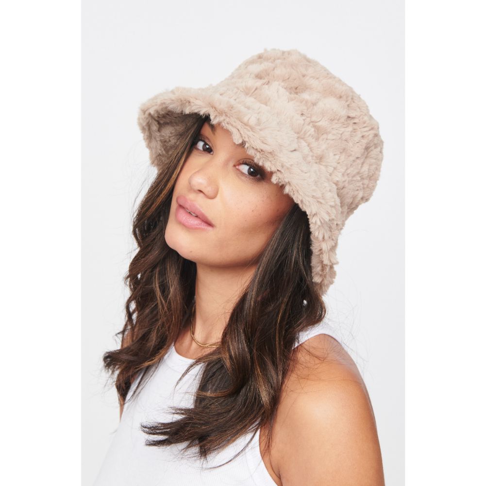 Woman wearing Latte Urban Expressions Faux Fur Bucket Hat Bucket Hat 818209014625 View 1 | Latte