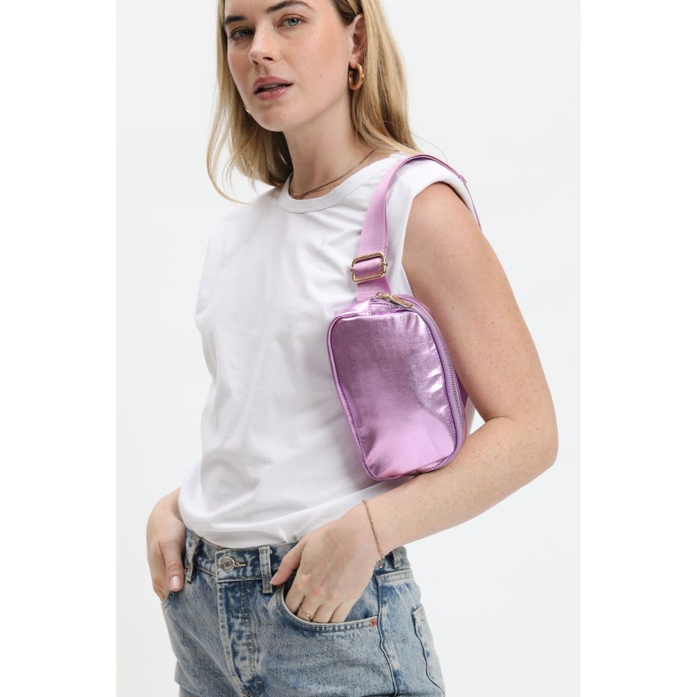 Woman wearing Light Pink Urban Expressions Santi Belt Bag 840611190420 View 3 | Light Pink