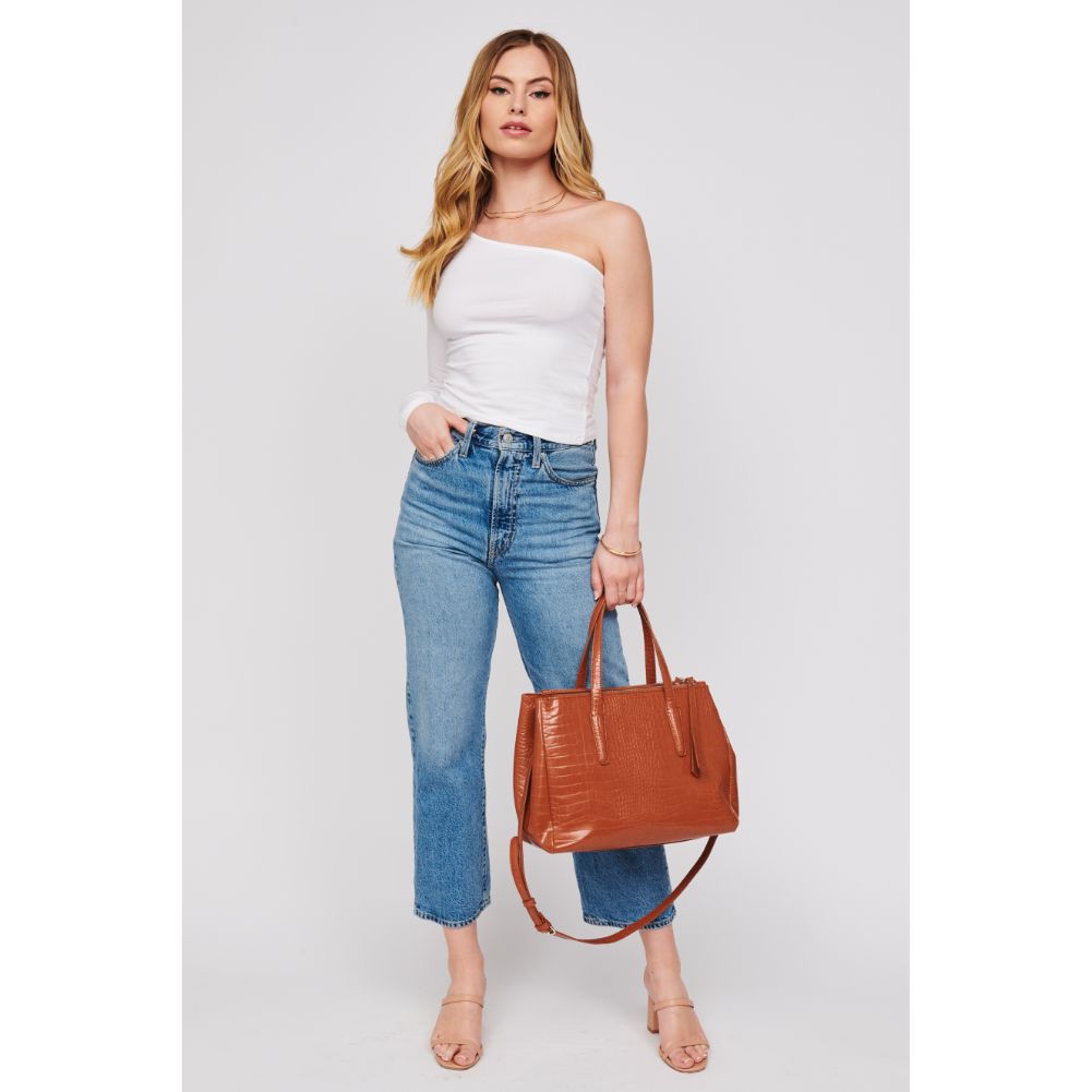 Woman wearing Tan Urban Expressions Nora Satchel 840611167354 View 3 | Tan