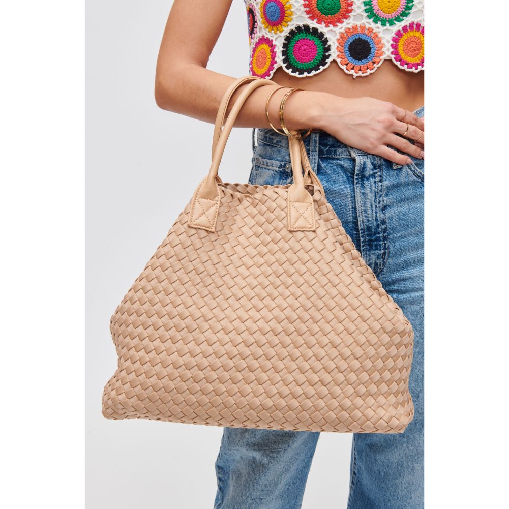 Woman wearing Natural Urban Expressions Ithaca - Woven Neoprene Tote 840611107886 View 1 | Natural