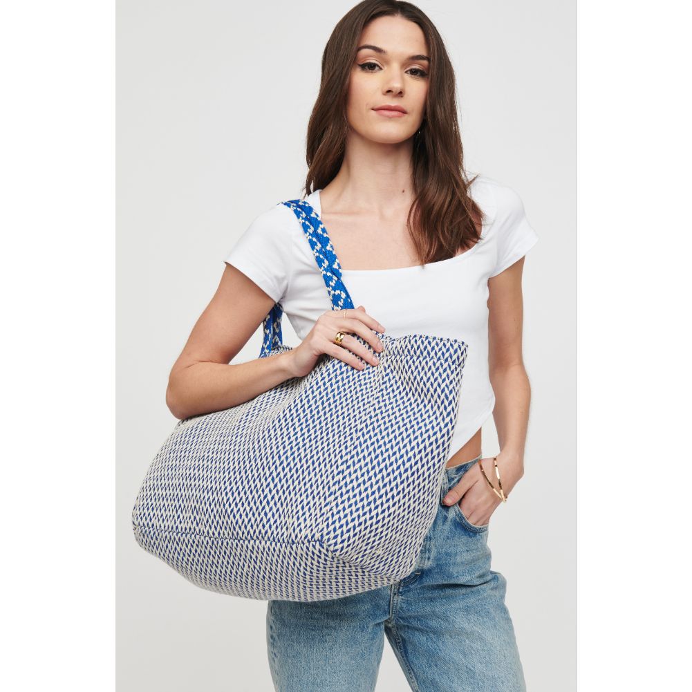 Woman wearing Blue White Urban Expressions Marbella Tote 818209015738 View 2 | Blue White