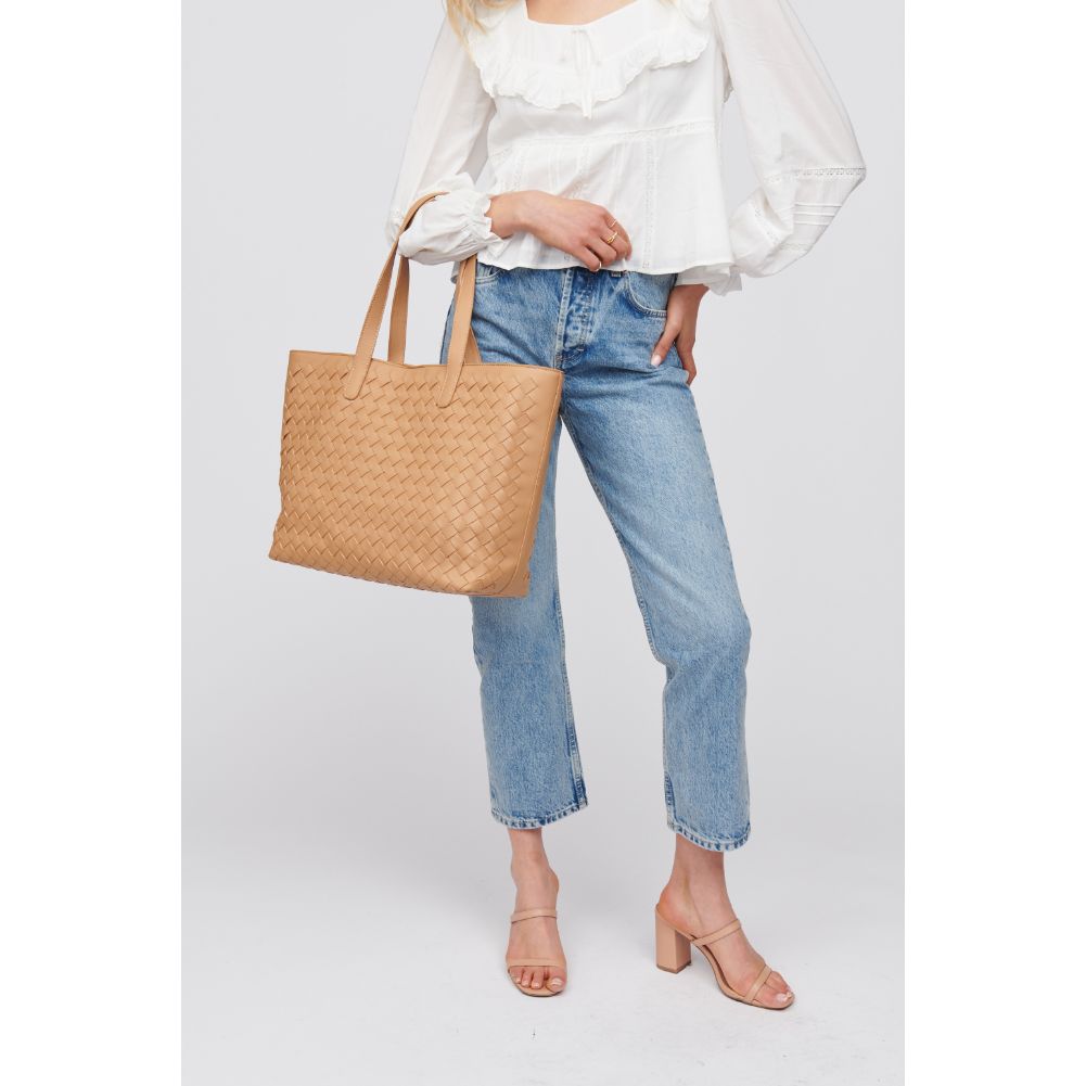 Woman wearing Camel Urban Expressions Valencia - Woven Tote 840611101631 View 4 | Camel