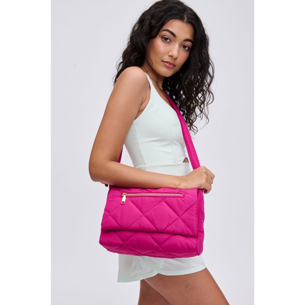 Woman wearing Magenta Urban Expressions Carson - Quilted Nylon Crossbody 840611114518 View 1 | Magenta