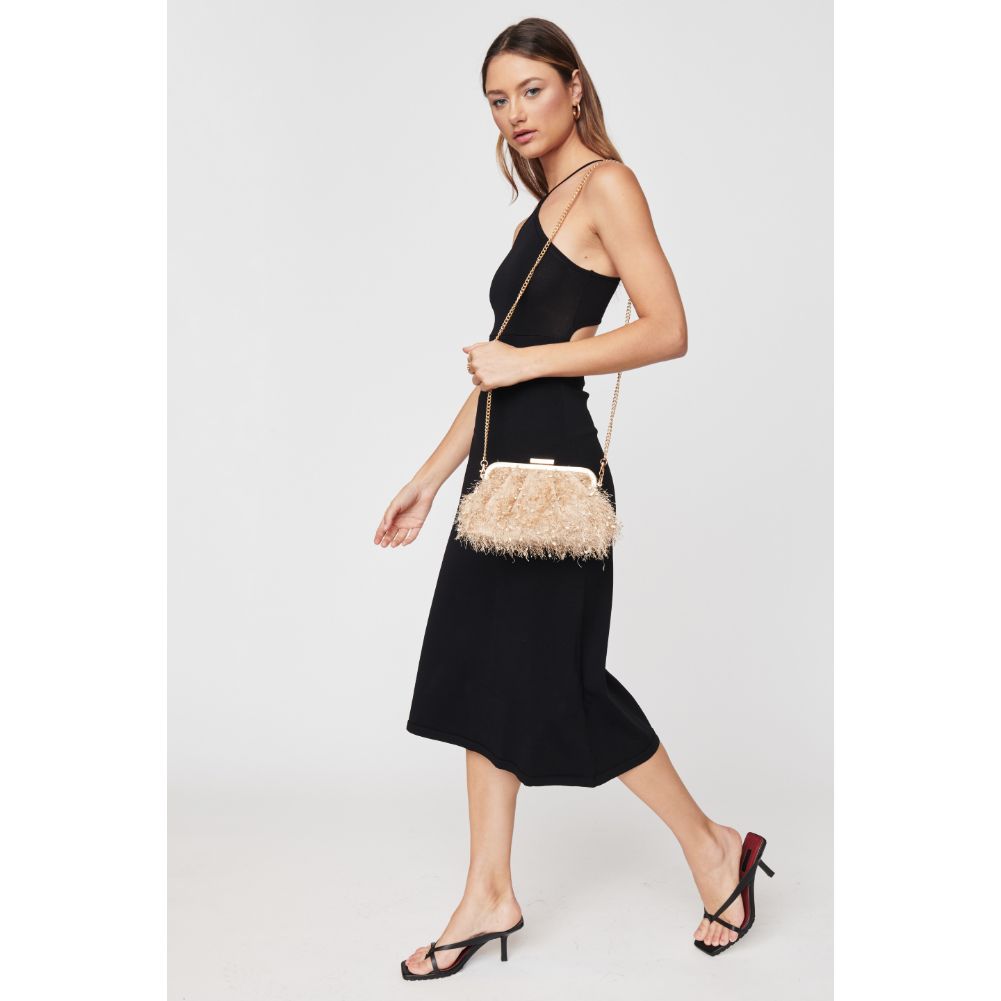 Woman wearing Champagne Urban Expressions Rosalind Evening Bag 840611104274 View 3 | Champagne