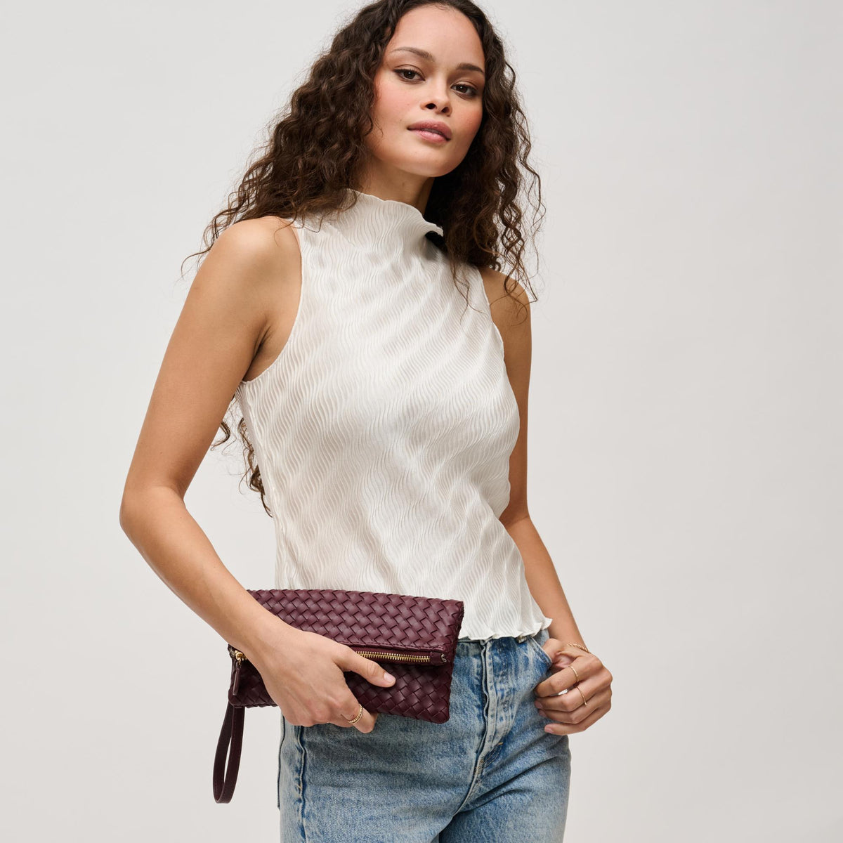 Woman wearing Merlot Urban Expressions Aria Clutch 840611133946 View 2 | Merlot